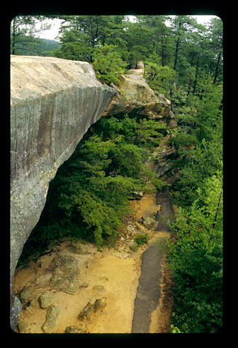 A natural bridge viewed from above.